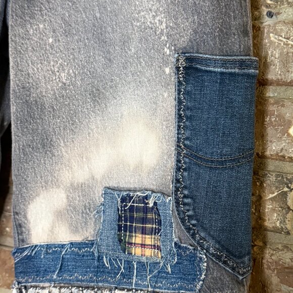 Upcycled Denim Patchwork Shorts High Waisted Wide Leg Size 12 - Picture 7 of 12